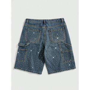 Rhinestone Denim Shorts for <b>Men</b> Hip Hop Streetwear Loose Fit Summer Bling <b>Jeans</b> with Custom Logo Options Available - Product Image 2