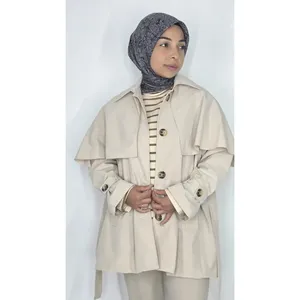 Women's Vintage Trench <b>Coat</b> with <b>Cape</b> Detail Beige Long Style Autumn Season Cotton Fill Button Decoration and Print - Product Image 2