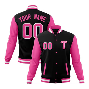 Chaqueta universitaria de manga rosa de Color negro sólido superventas, chaqueta universitaria con cuello acanalado y logotipo de chenilla personalizado para hombre - Product Image 1