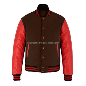 Chaqueta Varsity 2026 OEM Icónica de Lana Marrón Oscuro con Mangas de Cuero Rojo para Hombre, Chaqueta de Moda con Calefacción 100% de Alta Calidad y Bajo MOQ - Product Image 1