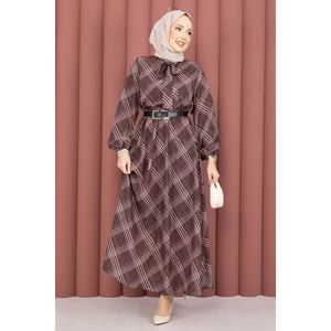 Modest Style <b>Brown</b> Chiffon Hijab Dress Plaid Pattern Breathable Fabric Bow Neckline Natural Gathered Waist Wrap <b>Tie</b> Detail - Product Image 1