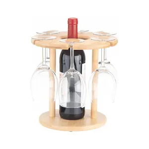 Premium Home Accessories Wooden Wine Bottle And Glasses Holder Best Wine Serving Utensil With 6 Glass Holding Capacity And 1 Bottle Holding Capacity