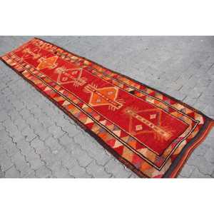 Vintage 2.7x11.4 ft Rug, Herki Turkish Rug, <b>Red</b> Abstract <b>Wool</b> Rug - Product Image 2