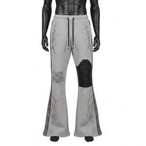 Premium Cotton Fleece Flared Pant Grey Soft Feel Rhinestone Side Panel Quilted <b>Knee</b> <b>Patch</b> Custom Logo Fleece Flared Pant - Product Image 6