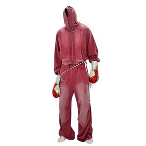 Custom Washed Tracksuit Men's Fashion Heavyweight 100% Cotton Vintage Washed Full <b>Zip</b> <b>up</b> <b>Hoodie</b> Loose Sweatpants Tracksuit Sets - Product Image 1