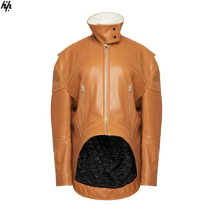 Chaqueta de cuero tostado de alto nivel para hombre, forro acolchado, detalles con cremallera, cuello alto fresco, invierno, esencial, marca tendencia, pedido a granel - Product Image 1