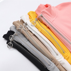 Ventas al por mayor de alta calidad otoño hombro caído Color sólido Zip up Stand Collar Crop Top mujeres sudaderas con capucha transpirables mujeres sudaderas con capucha - Product Image 6