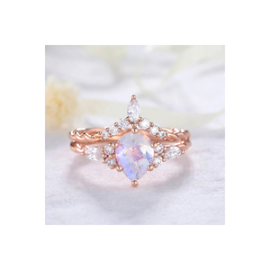 Bague de mariage en or massif 100% naturel, pierre précieuse en pierre de lune arc-en-ciel, nouveau design luxueux, bijoux fins avec diamants véritables - Product Image 1