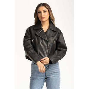 Chaqueta Blazer de Cuero PU para Mujer, Personalizable, Estilo Motero, Manga Larga, Cuello Camisero, Color Liso, Otoño-Primavera - Product Image 4