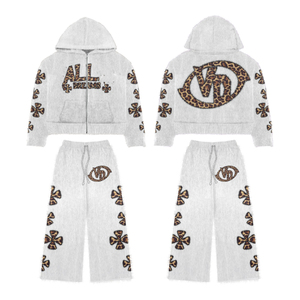 ชุดเซ็ตเสื้อฮู้ดดี้ปักลายแบบดิสเทรสและกางเกงสเวตแพนท์ทรงบานฟอกสีซีดแบบแอซิดวอช พร้อมโลโก้ปักแบบคัสตอมคุณภาพสูง - Product Image 1