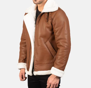 Blouson aviateur en sherpa pour homme personnalisable, en cuir véritable, doublure en fausse fourrure de mouton, respirant, coupe-vent, fermeture éclair, col à boucle - Product Image 6