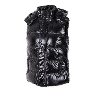 Custom Logo OEM Black <b>Padded</b> Shiny Breathable Outdoor Sleeveless Unisex Down Hooded Puffer Bubble Mens Vest Outerwear - Product Image 1