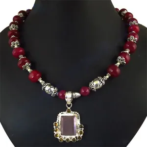 Vintage 925 Silver <b>Red</b> Agate Bead Pendant Necklace with Zircon Stone for Women Wedding Jewelry From Rajasthan Brand a - Product Image 2