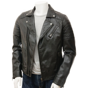 Blouson de motard en cuir noir pour homme personnalisé, style streetwear, blouson de moto d'hiver avec décoration à motifs tissés - Product Image 1
