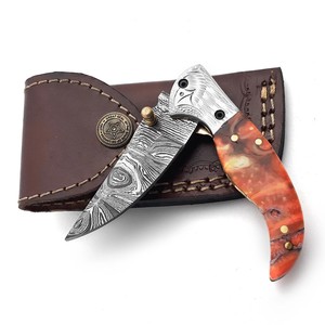 Couteau utilitaire à lame pliante en acier de Damas, manche en résine, étui de transport vertical, poche EDC, chasse, camping, support ODM OEM - Product Image 6