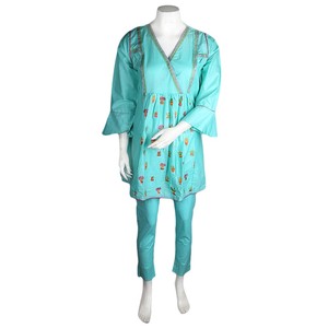 Traje de Algodón de 2 Piezas Bordado para Mujer - Cian - Product Image 3