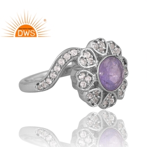 Nuevo diseño de patrón plata esterlina chapada en paladio tanzanita Natural y topacio blanco anillo de piedras preciosas joyería personalizada para regalo de mujer - Product Image 4