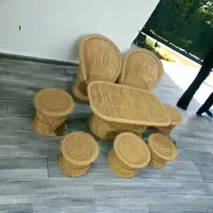 Latest Design Eco Friendly Wicker Bamboo Natural Cane Ottoman Chair Set With Table Indoor Outdoor Ottoman Restaurant Set