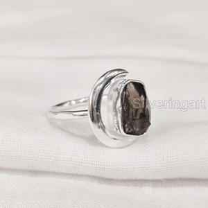 Anillo de Plata de Ley 925 con Cuarzo Ahumado Natural en Forma de Luna Creciente, Ajustable, para Mujer, Regalo de Navidad - Product Image 1