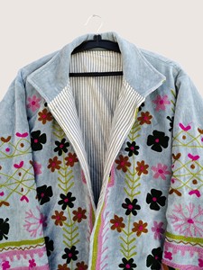 Abrigo de Lana Bordado Estilo Bohemio para Mujer, Talla Grande, Manga Larga, Cuello Redondo, Patrón Suzani, Hecho a Mano, Frente Abierto, Largo, Invierno, Ecológico - Product Image 4