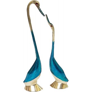 Paire de Statue de Canard Embrassant en Laiton Peint Bleu-Or Figurine Décorative Vastu pour la Maison et le Bureau Table Bureau Sculptures - Product Image 1