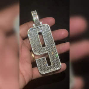Pendentif en argent sterling 925 glacé numéro 9 fait à la main personnalisé collier de fête unisexe en or blanc plaqué or diamant bling - Product Image 1