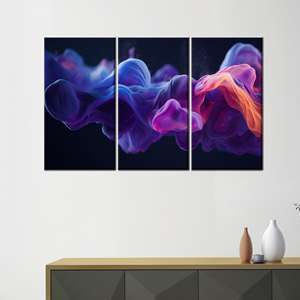 Toile d'art moderne abstraite imprimée aux couleurs fluides, décoration fumée bleu-violet, 3P : Prête à accrocher - Product Image 1