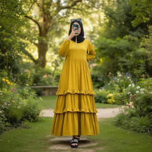 Robe midi modeste en coton/bambou à manches bouffantes et volants pour femmes grandes tailles Hanna - Product Image 3
