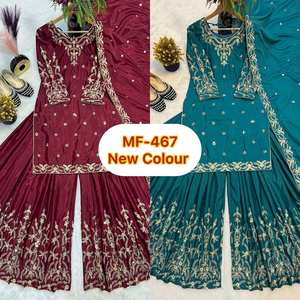 NOUVEAU SHARARA avec PLAZZO et KURTA TOP SALWAR KAMEEZ TRADITIONNEL POUR FÊTE, DÉTAIL EN CRÊPE ET LACETTE MOTI, Soie Pure - Product Image 1