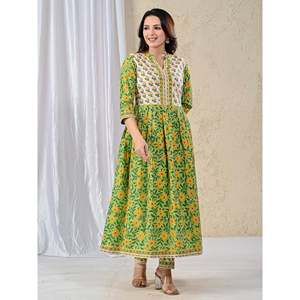 Ensemble Kurta et pantalon en coton imprimé vert Jaal, style de vêtements américain - Product Image 5