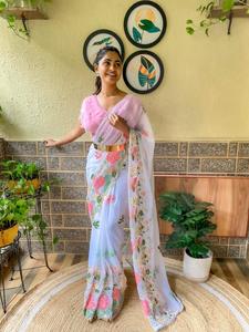 Georgette-ropa de fiesta de boda de diseño de calidad superior, una sola hora, lista para usar, blusa Saree con cinturón, fabricante - Product Image 3