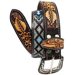 Handmade High Quality Western Cow Leather Beaded Belt With <b>Tooling</b> & <b>Engraved</b> Buckle Manufacturer Supplier Saman Exports - Product Image 1