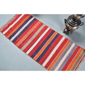 Traditional Red Blue Kilim <b>Rug</b> 2 X 4.7ft Turkish Wool 10mm <b>Abstract</b> Patchwork Design Eco-Friendly Dining Room Latex Backing <b>Rug</b> - Product Image 4