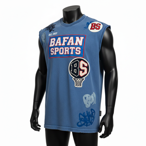 เสื้อยืดผู้ชายผ้าฝ้าย 100% ทรงหลวม พิมพ์ลาย พรีเมียม คุณภาพดี ผ้าคอตตอนผสมโพลีเอสเตอร์ สีน้ำเงิน แบบสปอร์ต แขนกุด ปักโลโก้ - Product Image 4