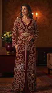 AWAIS HOUSE Moroccan Velvet Kaftan Abaya Women Hand Beaded Solid Plus Size Lightweight Floor Length Long Sleeve High Neck <b>Flared</b> - Product Image 3