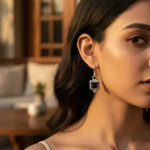 Trendy 925 Silver Iolite <b>Earrings</b> for Women Cute Geometric Platinum Gemstone for Engagement Wedding Anniversary Party Gift - Product Image 1