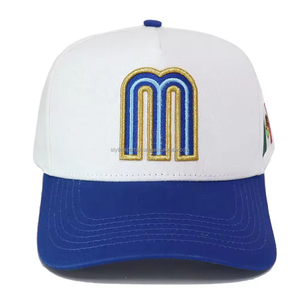 Custom Mexico 5 Panel a Frame Snap Back Hat Flag 3D M Embroidery Curved Bill Mexico Baseball Cotton <b>Cap</b> White Blue - Product Image 5