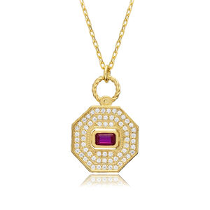 Rubis CZ Octogone Forme Géométrique Argent Charme Collier En Gros Turc 925 Bijoux En Argent Sterling - Product Image 6