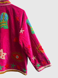 Veste en velours rose brodée, col mandarin, manches longues, motif artisanal, pour femme adulte, tenue d'automne - Product Image 3