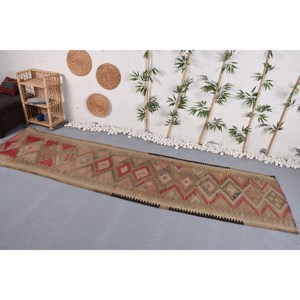 Alfombra Turca Vintage Rústica Beige Rojo 3,1 X 11.5ft Área Grande Lana Patchwork Respaldo de Látex Pasillo Abstracto para Habitación de Adolescentes - Product Image 2