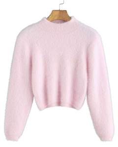 Manufacturer <b>Womens</b> Baby Pink Fuzzy Knit <b>Cropped</b> Sweater Long Sleeve Soft Warm Winter Pullover Cozy Fashion Top For <b>Women</b> - Product Image 1