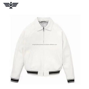 Blouson bombardier en cuir blanc au design unique pour homme côtes contrastées haut de gamme Streetwear avec fermeture éclair sur le devant et logo doublure en fausse fourrure High Street - Product Image 1