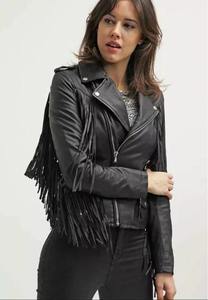 แจ็กเก็ตหนังแท้สำหรับผู้หญิงสีดำสไตล์แบรนโดเสื้อแจ็คเก็ตหนังแท้มีขอบยาวแฟชั่น - Product Image 4