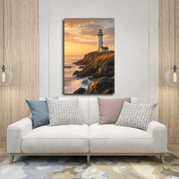 Tableau encadré Toile Paysage Marin Phare Coucher de Soleil Doré Décoration Murale en Bois Personnalisée pour la Maison