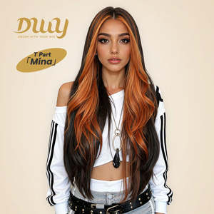 Mina C-DWY Transparent Lace Front Glueless Synthetic <b>Wig</b> with Orange for Ombre Long Body Wavy Middle Part - Product Image 1