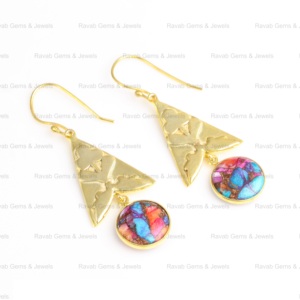 Natural Mix Spiny Oyster Copper Turquoise 10mm Gemstone 925 Sterling Silver 18k <b>Gold</b> Plated Round & Triangle <b>Earrings</b> for Women - Product Image 5