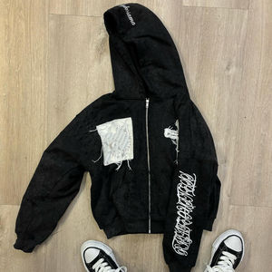 OEM diseño francés Terry Vintage peso pesado desgastado bordado sudaderas con capucha lavado ácido Zip up Sudadera con capucha para hombres - Product Image 2