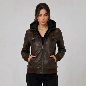 Blouson Bomber de Luxe pour Femme en Cuir Espresso avec Capuche en Polaire, Coupe Sculptée, Fermeture Éclair Intégrale, Poignets et Ourlet Côtelés, Poches Latérales, Style Streetwear - Product Image 1