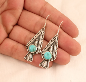 Boucles d'oreilles en pierres précieuses turquoise 925 boucles d'oreilles Boho gravées à la main en argent Sterling pour femmes bijoux de cadeau de mariage - Product Image 3