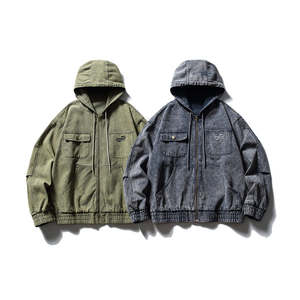 เสื้อแจ็กเก็ตใส่ทำงานแบบมีฮู้ดผ้าคอตตอนโอเวอร์ไซส์ซีดจางมีซิปแนวสตรีท - Product Image 1